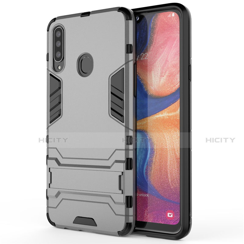 Funda Bumper Silicona y Plastico Mate Carcasa con Soporte A01 para Samsung Galaxy A20s Gris