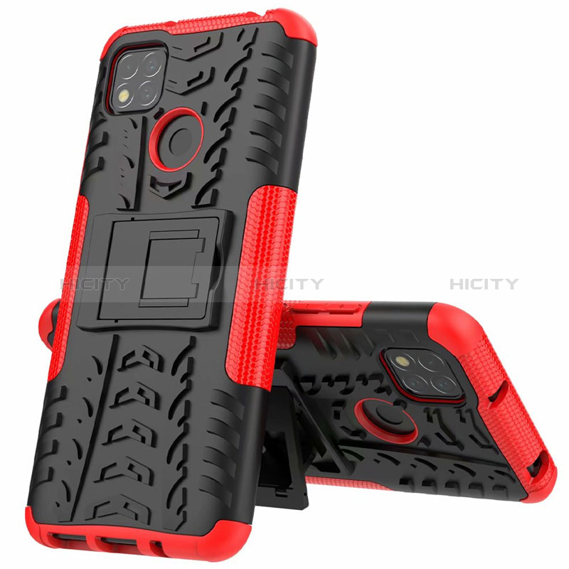 Funda Bumper Silicona y Plastico Mate Carcasa con Soporte A01 para Xiaomi POCO C3 Rojo