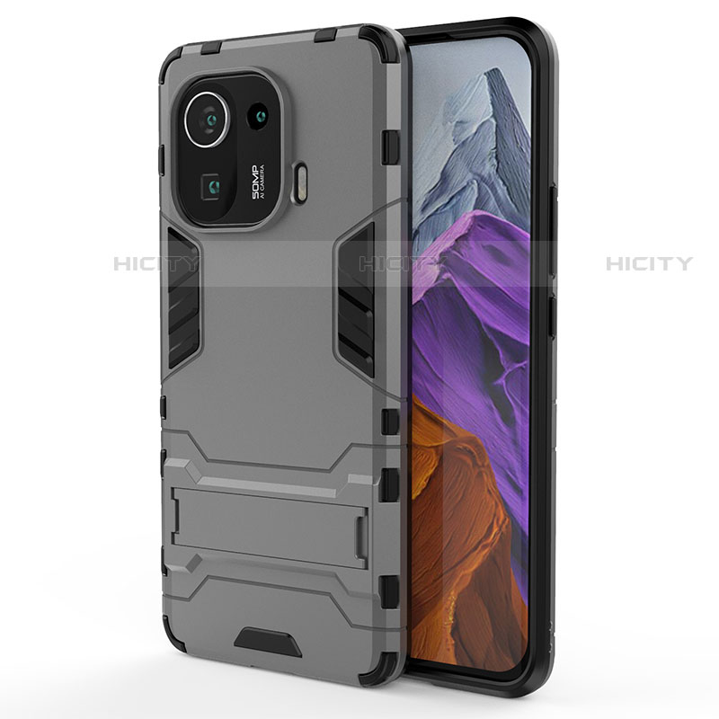 Funda Bumper Silicona y Plastico Mate Carcasa con Soporte A02 para Xiaomi Mi 11 Pro 5G Gris