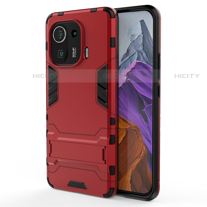 Funda Bumper Silicona y Plastico Mate Carcasa con Soporte A02 para Xiaomi Mi 11 Pro 5G Rojo