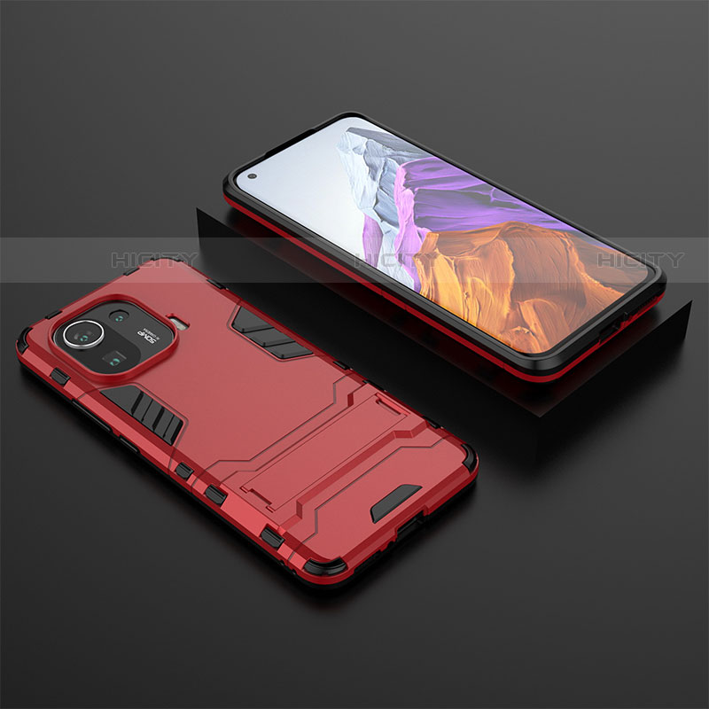 Funda Bumper Silicona y Plastico Mate Carcasa con Soporte A03 para Xiaomi Mi 11 Pro 5G Rojo