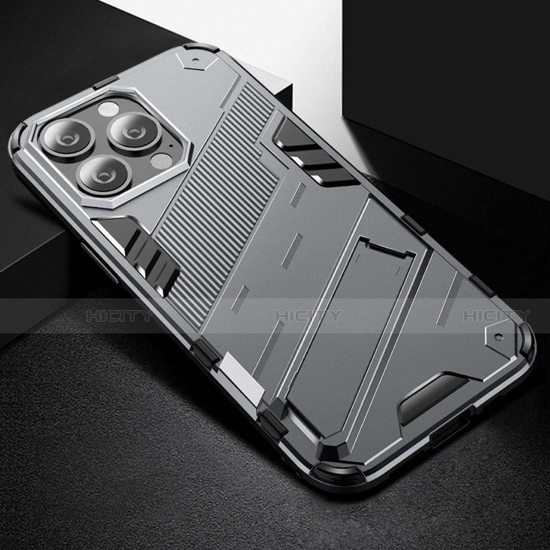 Funda Bumper Silicona y Plastico Mate Carcasa con Soporte A05 para Apple iPhone 13 Pro Gris