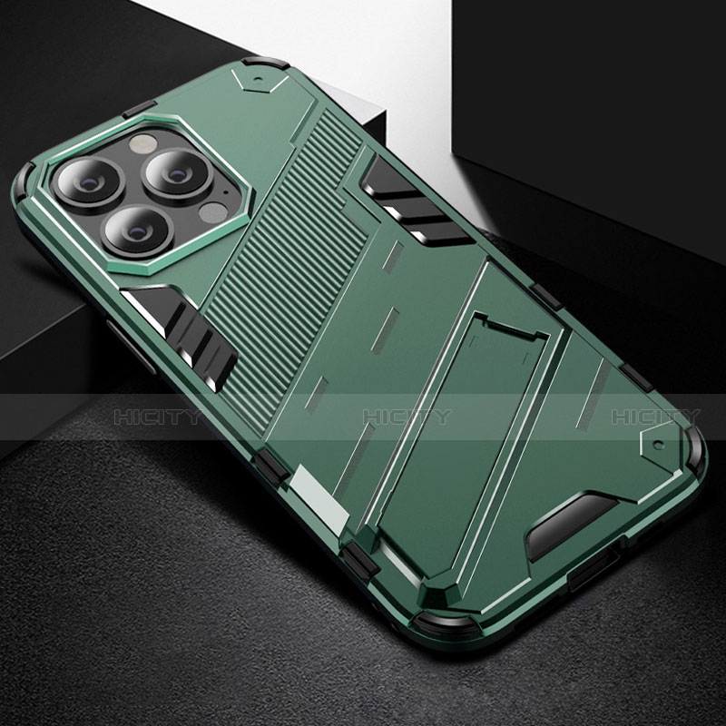 Funda Bumper Silicona y Plastico Mate Carcasa con Soporte A05 para Apple iPhone 13 Pro Verde