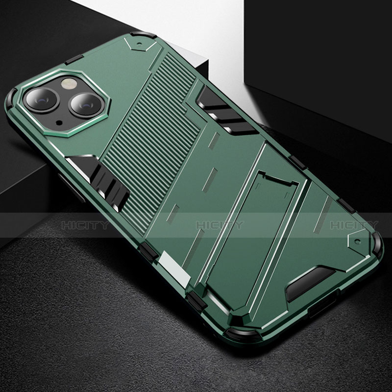 Funda Bumper Silicona y Plastico Mate Carcasa con Soporte A05 para Apple iPhone 14 Plus Verde