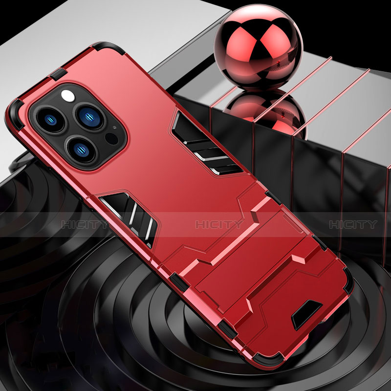 Funda Bumper Silicona y Plastico Mate Carcasa con Soporte A06 para Apple iPhone 14 Pro Max Rojo