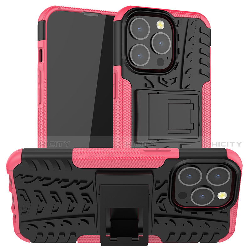 Funda Bumper Silicona y Plastico Mate Carcasa con Soporte A07 para Apple iPhone 13 Pro Rosa Roja