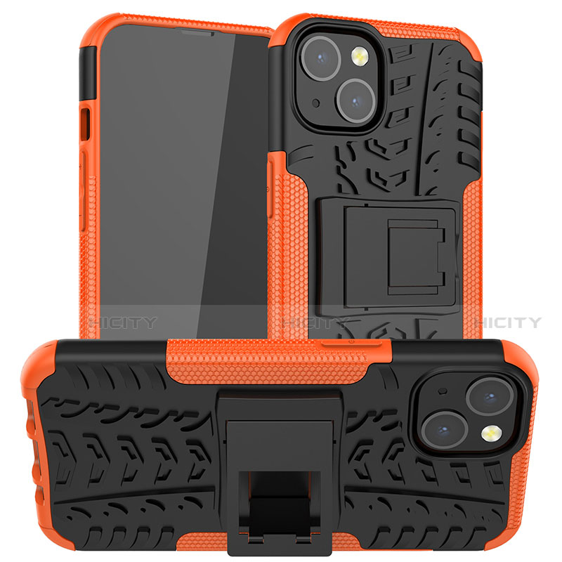 Funda Bumper Silicona y Plastico Mate Carcasa con Soporte A07 para Apple iPhone 14 Naranja