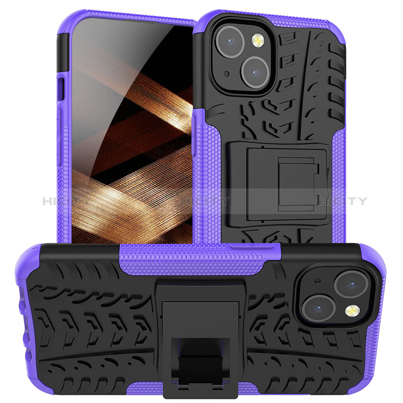 Funda Bumper Silicona y Plastico Mate Carcasa con Soporte A07 para Apple iPhone 15 Morado