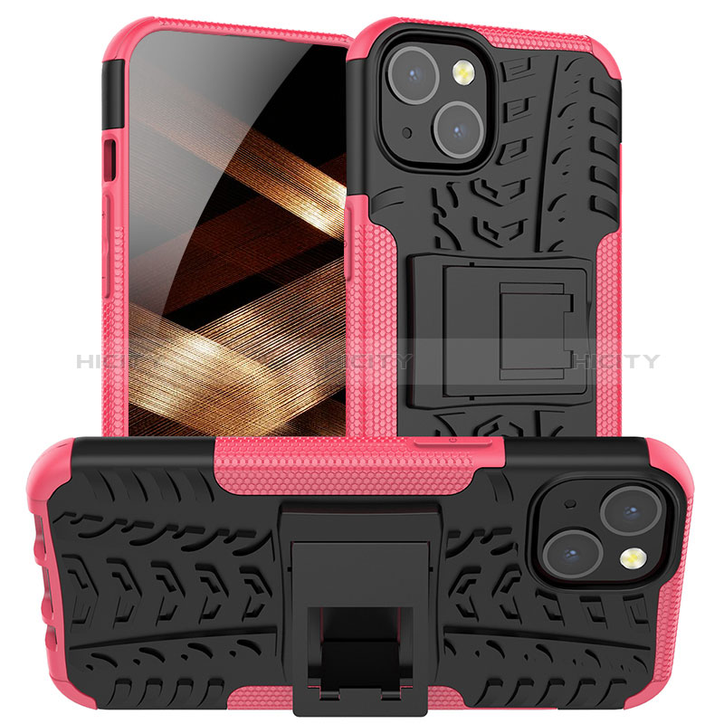 Funda Bumper Silicona y Plastico Mate Carcasa con Soporte A07 para Apple iPhone 15 Plus Rosa Roja