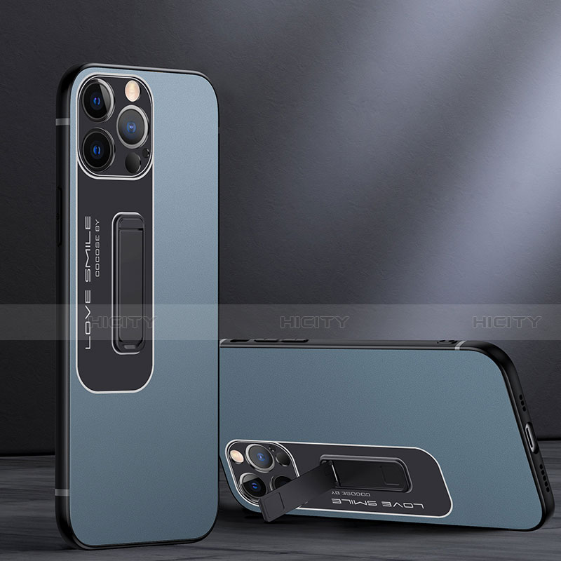 Funda Bumper Silicona y Plastico Mate Carcasa con Soporte A08 para Apple iPhone 13 Pro Azul