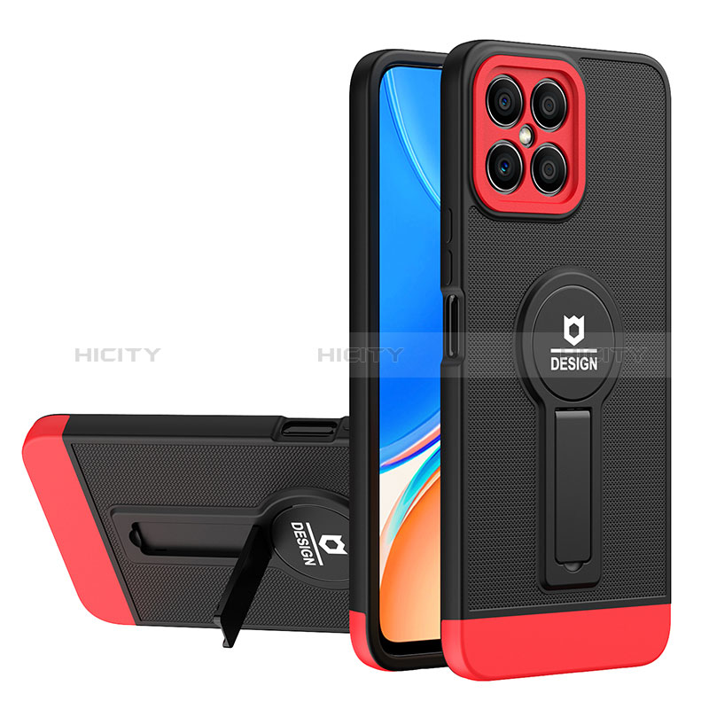 Funda Bumper Silicona y Plastico Mate Carcasa con Soporte H01P para Huawei Honor X8 4G Rojo y Negro