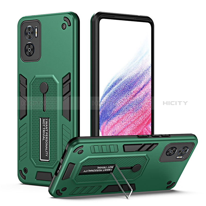 Funda Bumper Silicona y Plastico Mate Carcasa con Soporte H01P para Motorola Moto E22