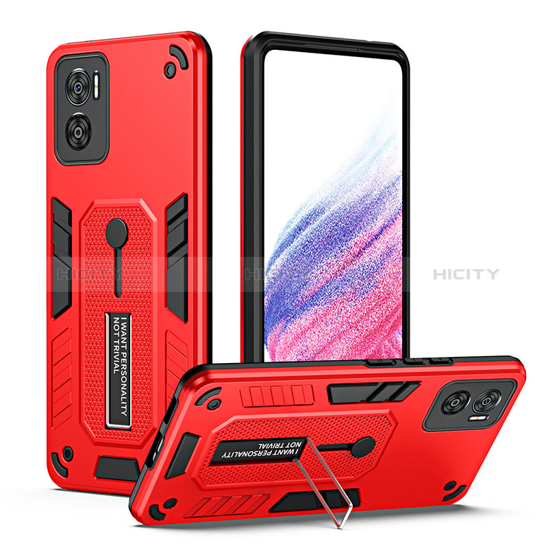 Funda Bumper Silicona y Plastico Mate Carcasa con Soporte H01P para Motorola Moto E22 Rojo