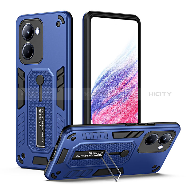 Funda Bumper Silicona y Plastico Mate Carcasa con Soporte H01P para Realme 10 4G Azul