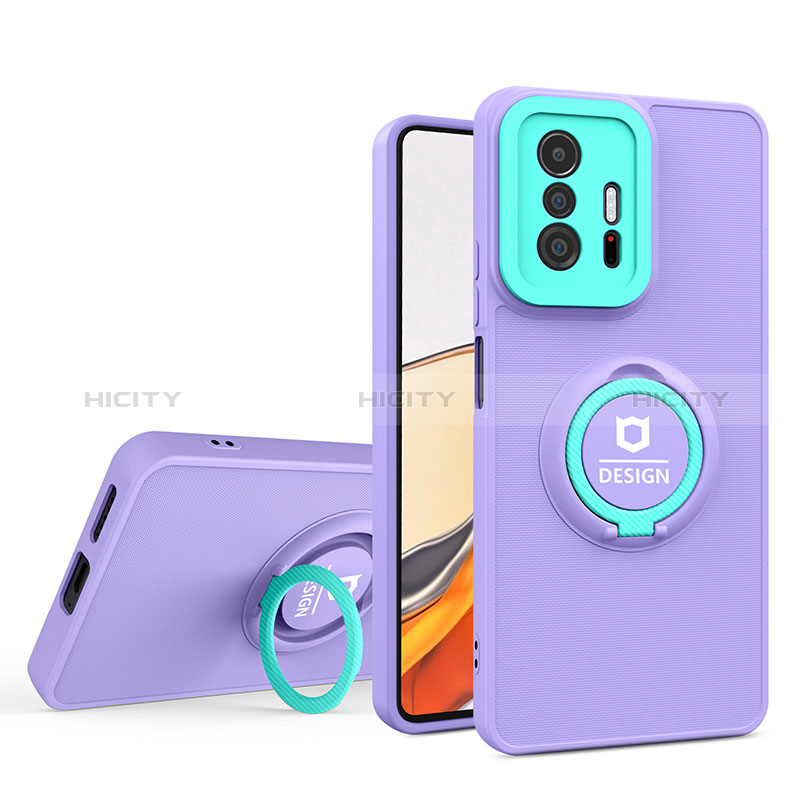 Funda Bumper Silicona y Plastico Mate Carcasa con Soporte H01P para Xiaomi Mi 11T 5G Morado