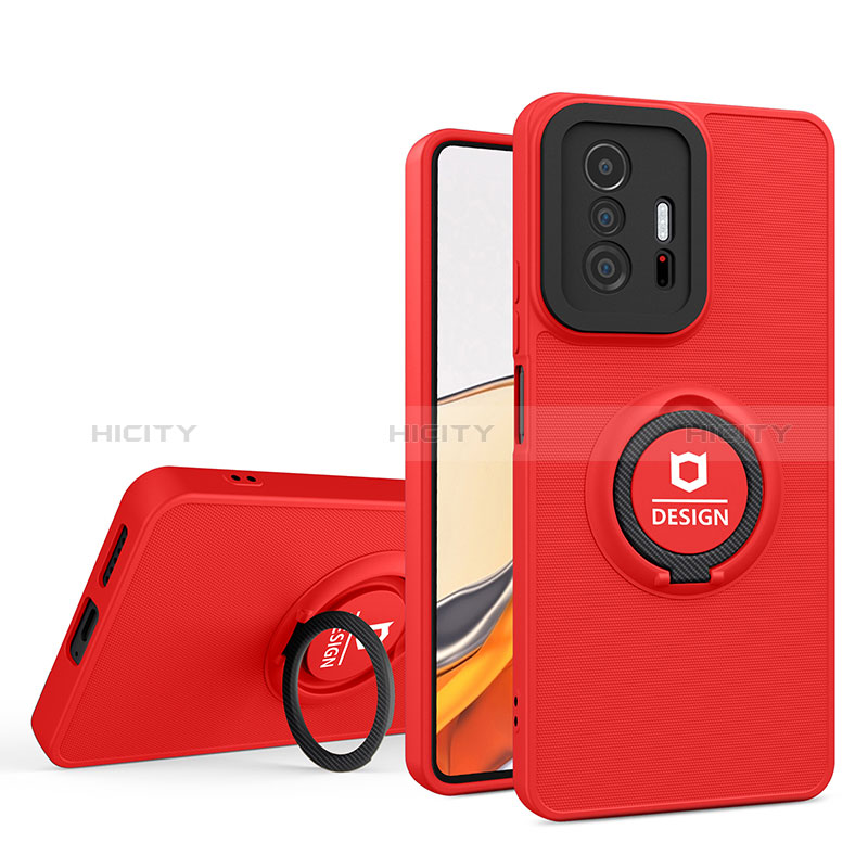 Funda Bumper Silicona y Plastico Mate Carcasa con Soporte H01P para Xiaomi Mi 11T 5G Rojo