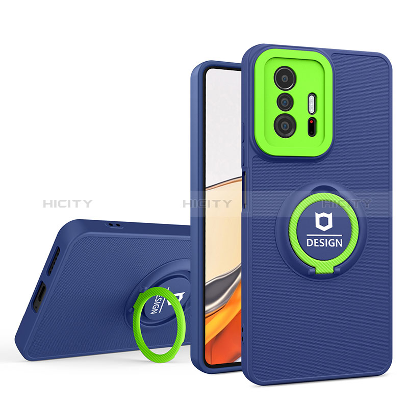 Funda Bumper Silicona y Plastico Mate Carcasa con Soporte H01P para Xiaomi Mi 11T Pro 5G Azul