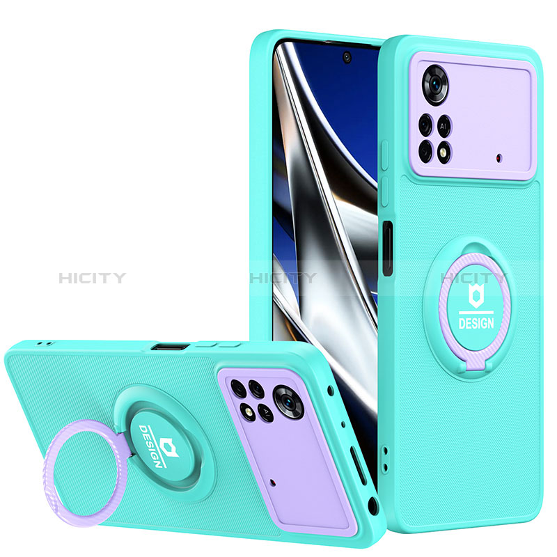 Funda Bumper Silicona y Plastico Mate Carcasa con Soporte H01P para Xiaomi Poco X4 Pro 5G Cian