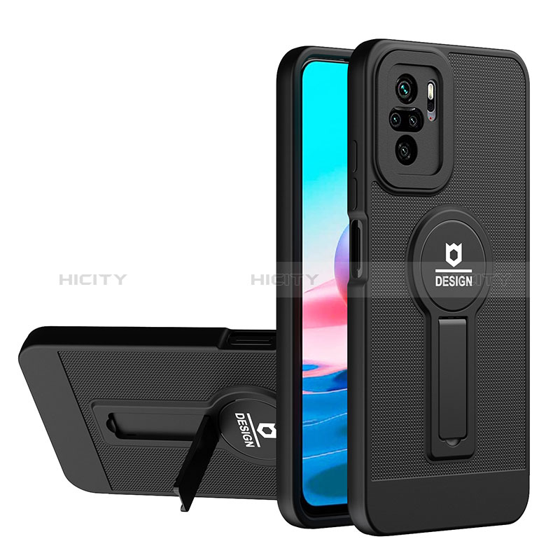 Funda Bumper Silicona y Plastico Mate Carcasa con Soporte H01P para Xiaomi Redmi Note 10 4G Negro