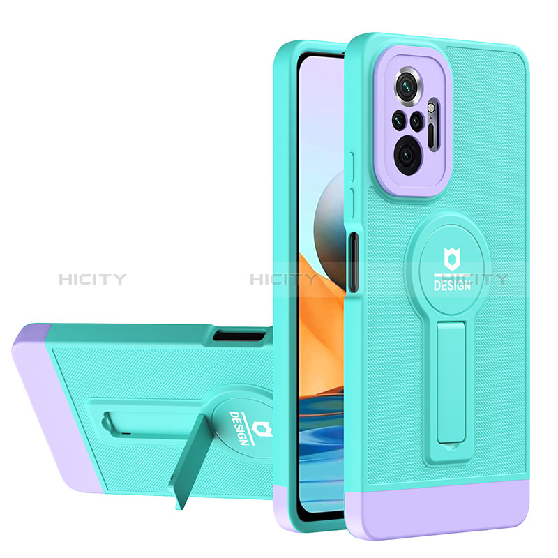 Funda Bumper Silicona y Plastico Mate Carcasa con Soporte H01P para Xiaomi Redmi Note 10 Pro 4G Cian