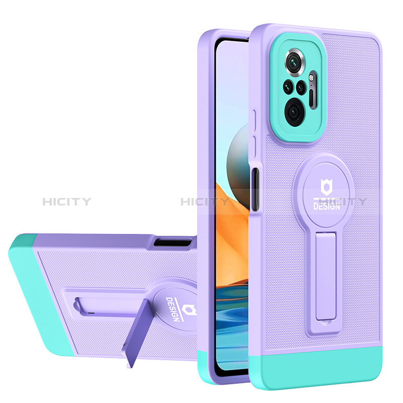 Funda Bumper Silicona y Plastico Mate Carcasa con Soporte H01P para Xiaomi Redmi Note 10 Pro 4G Morado