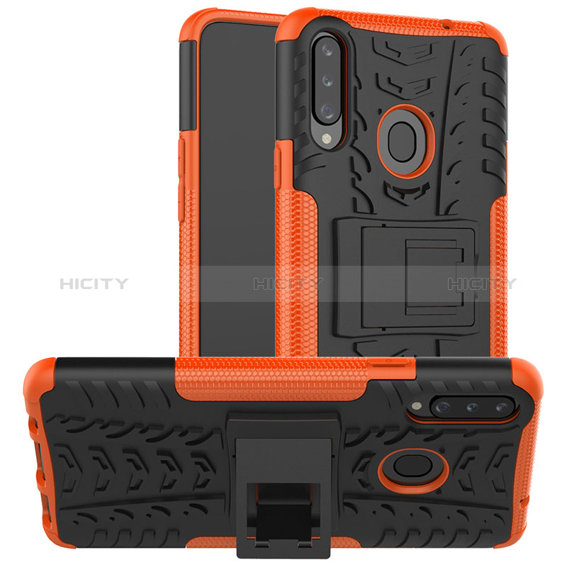 Funda Bumper Silicona y Plastico Mate Carcasa con Soporte J01X para Samsung Galaxy A20s Naranja