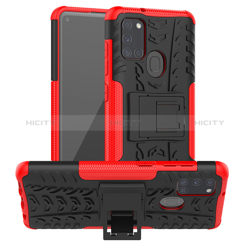 Funda Bumper Silicona y Plastico Mate Carcasa con Soporte J01X para Samsung Galaxy A21s Rojo