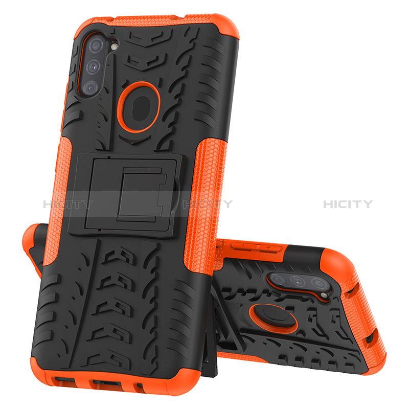 Funda Bumper Silicona y Plastico Mate Carcasa con Soporte J01X para Samsung Galaxy M11 Naranja