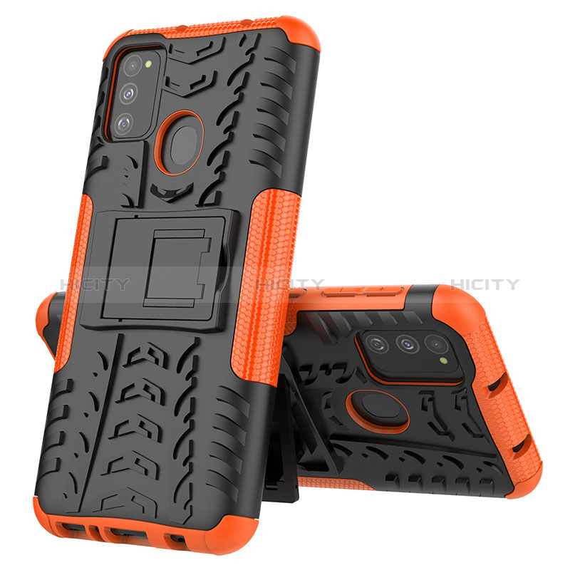 Funda Bumper Silicona y Plastico Mate Carcasa con Soporte J01X para Samsung Galaxy M21 Naranja