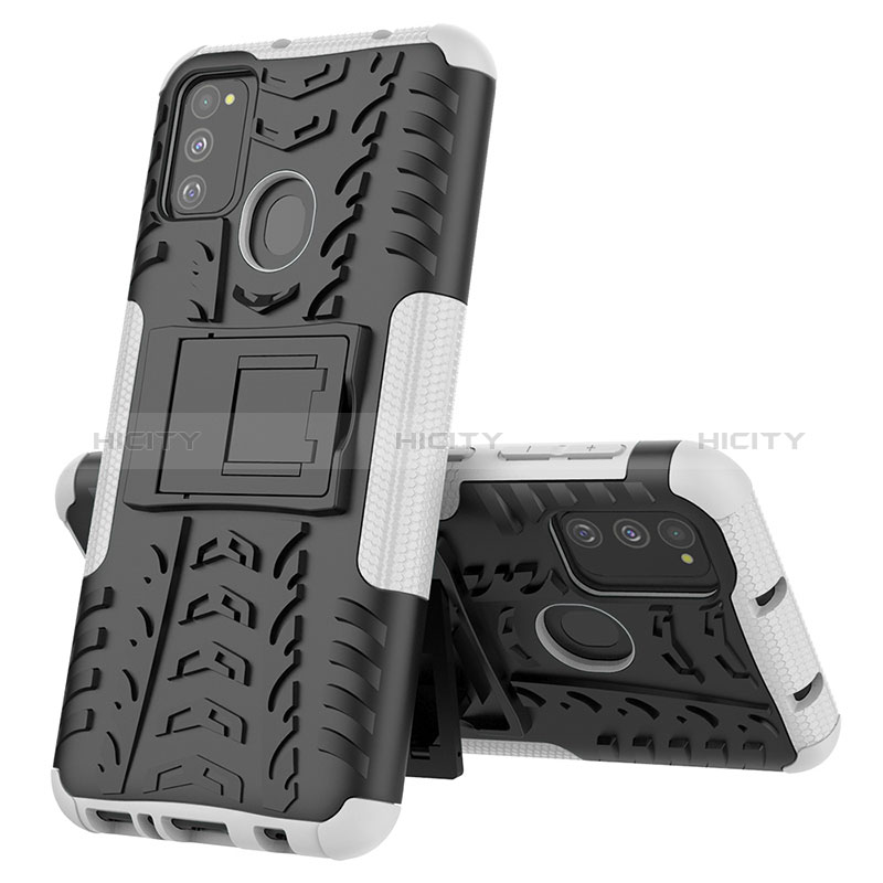 Funda Bumper Silicona y Plastico Mate Carcasa con Soporte J01X para Samsung Galaxy M21 Plata