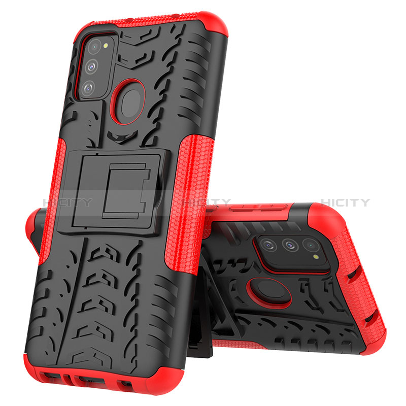 Funda Bumper Silicona y Plastico Mate Carcasa con Soporte J01X para Samsung Galaxy M21 Rojo