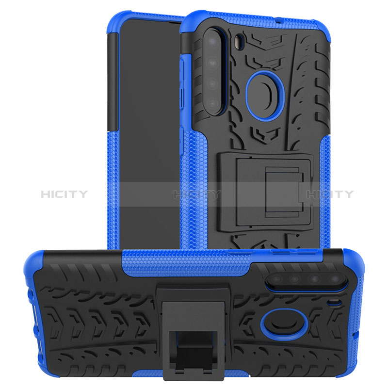 Funda Bumper Silicona y Plastico Mate Carcasa con Soporte J02X para Samsung Galaxy A21 Azul