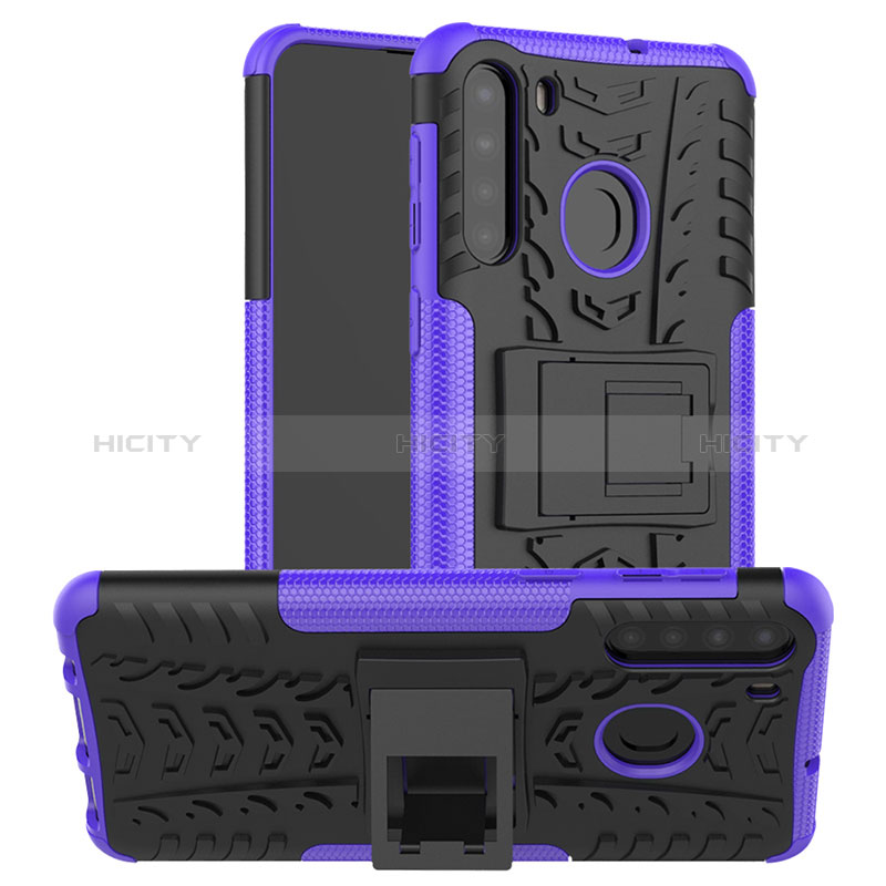 Funda Bumper Silicona y Plastico Mate Carcasa con Soporte J02X para Samsung Galaxy A21 Morado