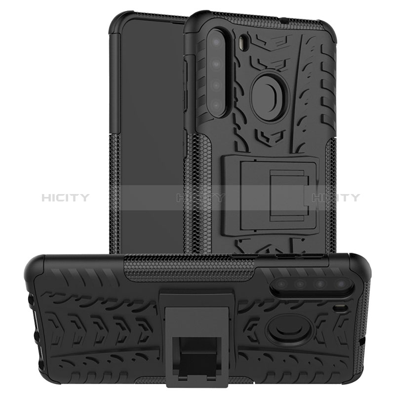 Funda Bumper Silicona y Plastico Mate Carcasa con Soporte J02X para Samsung Galaxy A21 Negro