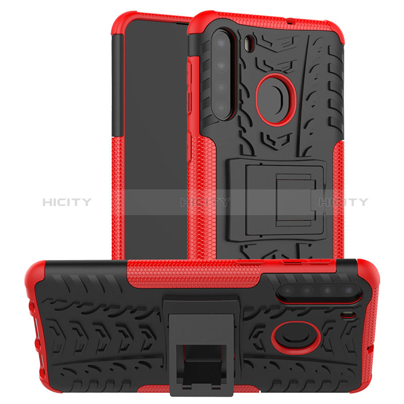 Funda Bumper Silicona y Plastico Mate Carcasa con Soporte J02X para Samsung Galaxy A21 Rojo