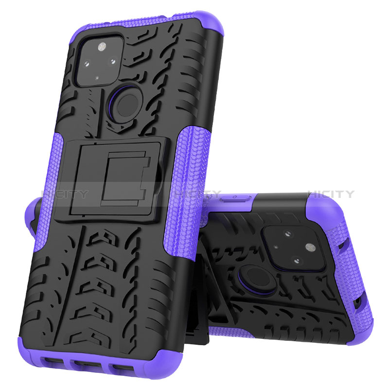 Funda Bumper Silicona y Plastico Mate Carcasa con Soporte JX1 para Google Pixel 4a 5G Morado