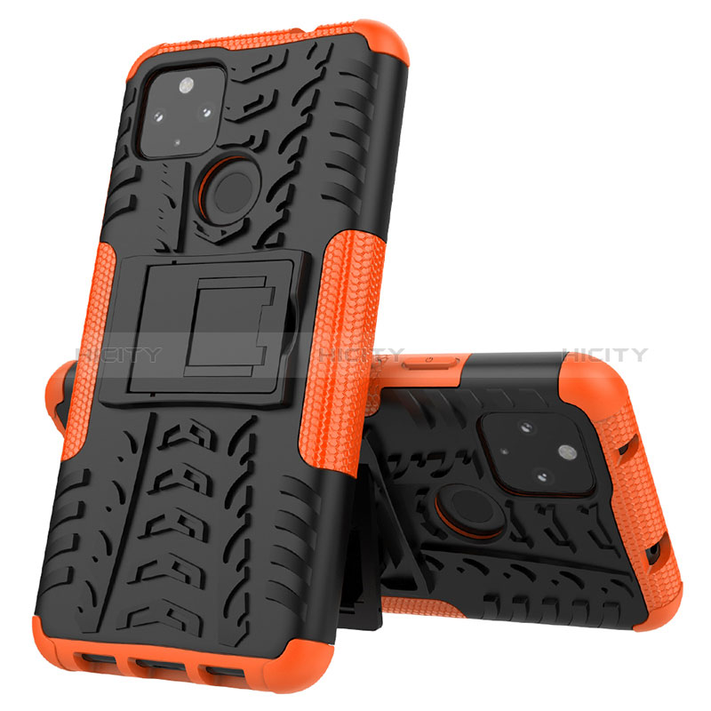 Funda Bumper Silicona y Plastico Mate Carcasa con Soporte JX1 para Google Pixel 4a 5G Naranja