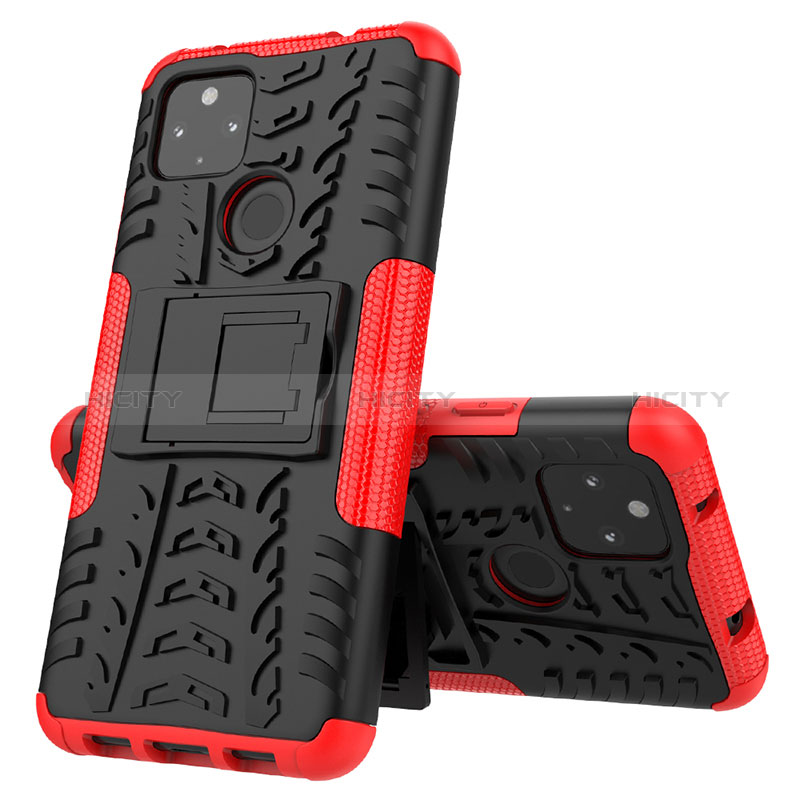 Funda Bumper Silicona y Plastico Mate Carcasa con Soporte JX1 para Google Pixel 4a 5G Rojo