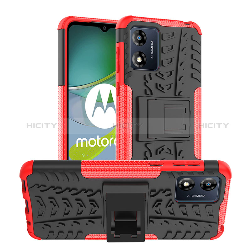 Funda Bumper Silicona y Plastico Mate Carcasa con Soporte JX1 para Motorola Moto E13 Rojo