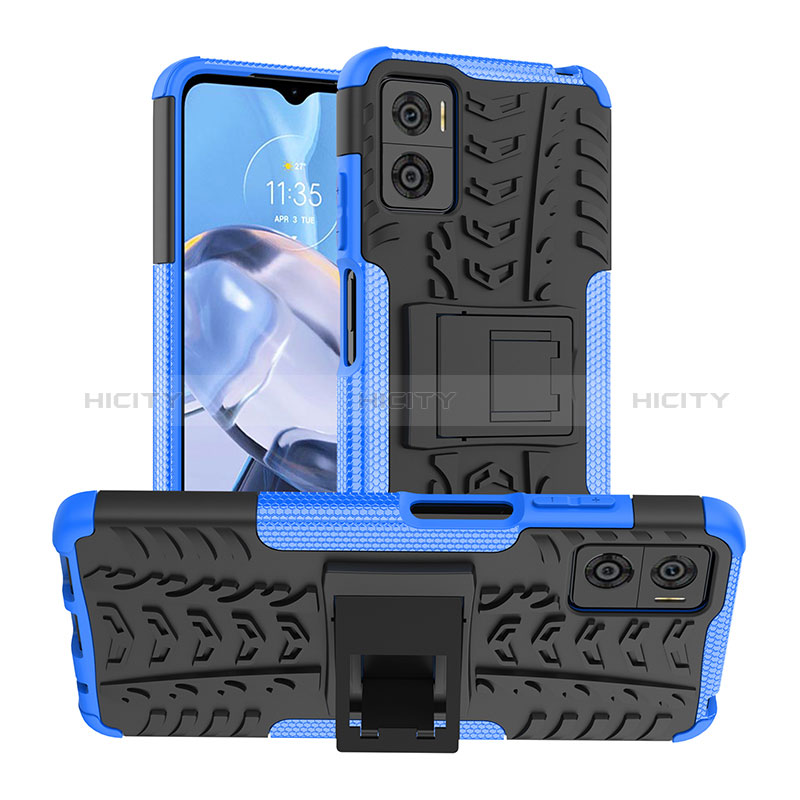 Funda Bumper Silicona y Plastico Mate Carcasa con Soporte JX1 para Motorola Moto E22 Azul