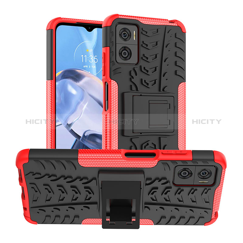 Funda Bumper Silicona y Plastico Mate Carcasa con Soporte JX1 para Motorola Moto E22 Rojo