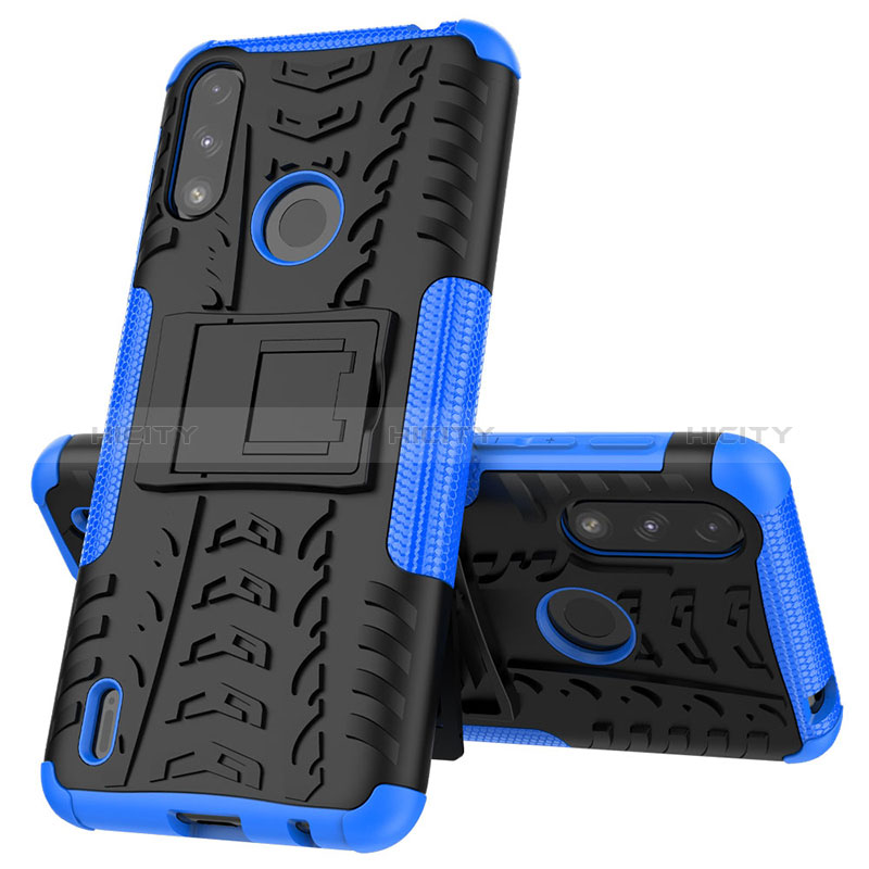 Funda Bumper Silicona y Plastico Mate Carcasa con Soporte JX1 para Motorola Moto E7 Power Azul