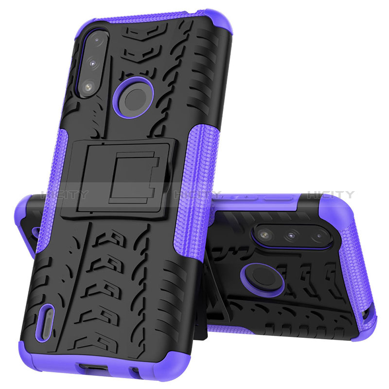 Funda Bumper Silicona y Plastico Mate Carcasa con Soporte JX1 para Motorola Moto E7 Power Morado