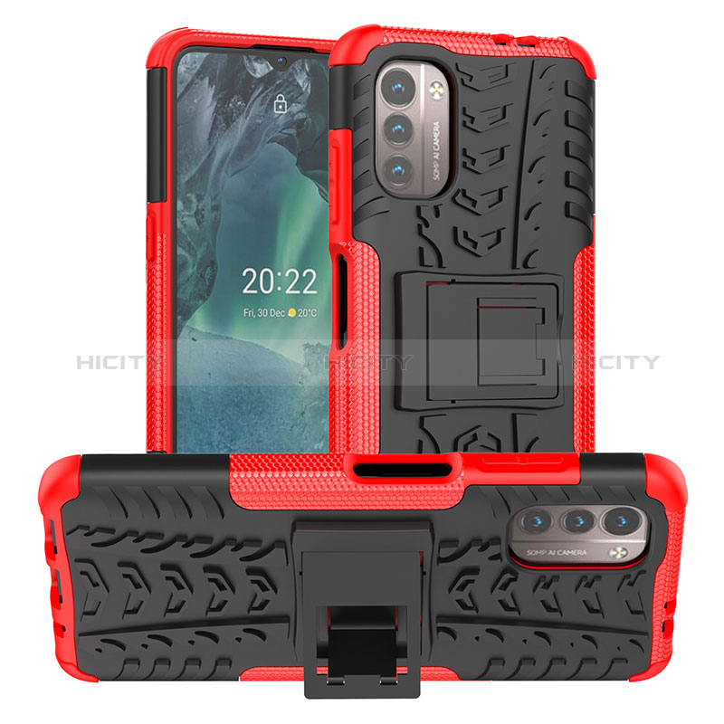 Funda Bumper Silicona y Plastico Mate Carcasa con Soporte JX1 para Nokia G11 Rojo