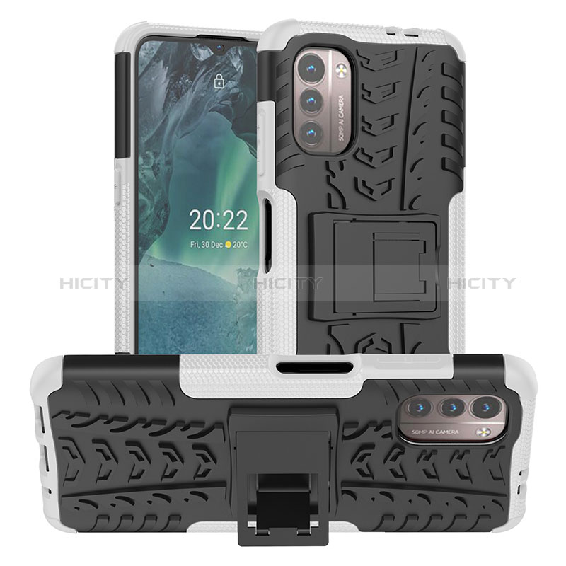 Funda Bumper Silicona y Plastico Mate Carcasa con Soporte JX1 para Nokia G21 Plata