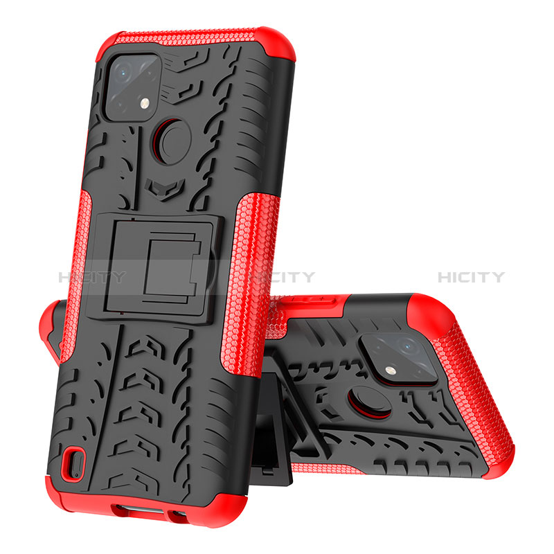 Funda Bumper Silicona y Plastico Mate Carcasa con Soporte JX1 para Realme C21Y Rojo