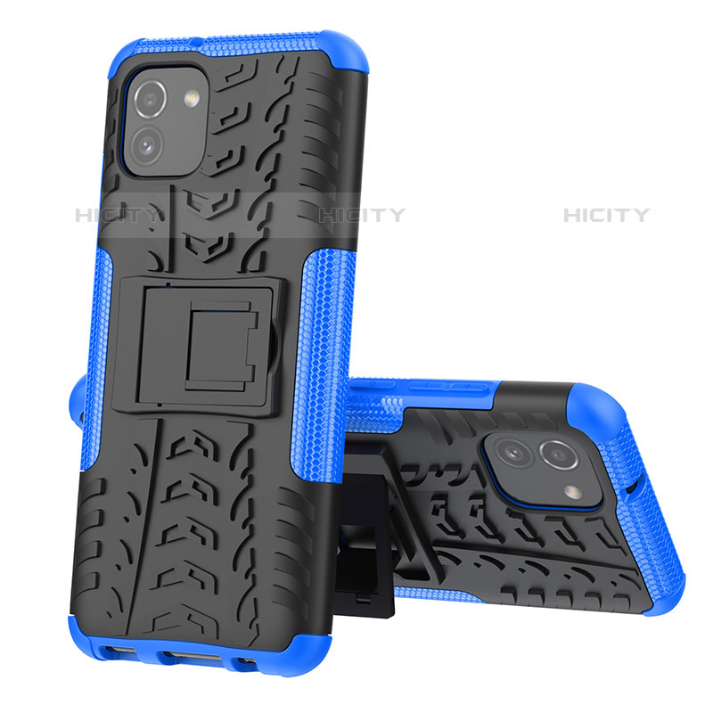 Funda Bumper Silicona y Plastico Mate Carcasa con Soporte JX1 para Samsung Galaxy A03 Azul