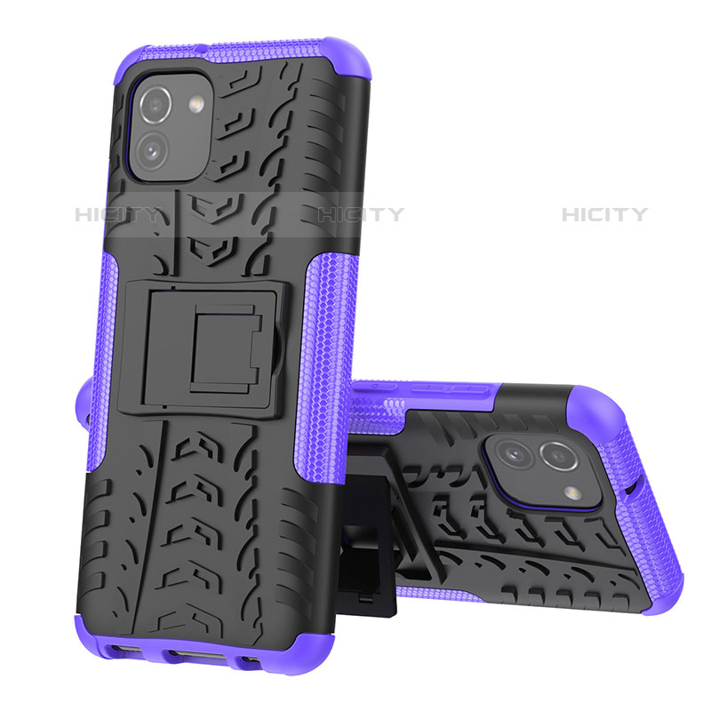 Funda Bumper Silicona y Plastico Mate Carcasa con Soporte JX1 para Samsung Galaxy A03 Morado