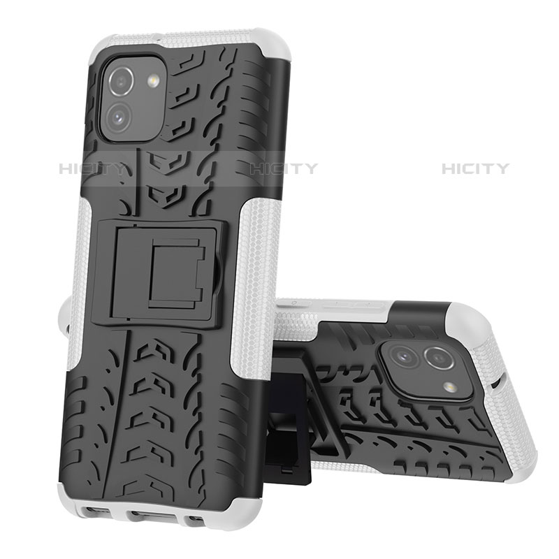 Funda Bumper Silicona y Plastico Mate Carcasa con Soporte JX1 para Samsung Galaxy A03 Plata