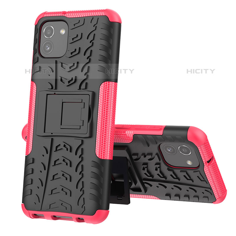 Funda Bumper Silicona y Plastico Mate Carcasa con Soporte JX1 para Samsung Galaxy A03 Rosa Roja